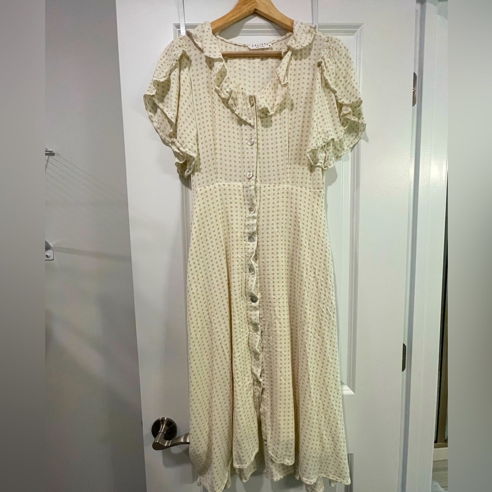 Beige button-up, midi dress that is soft and perfect for spring.